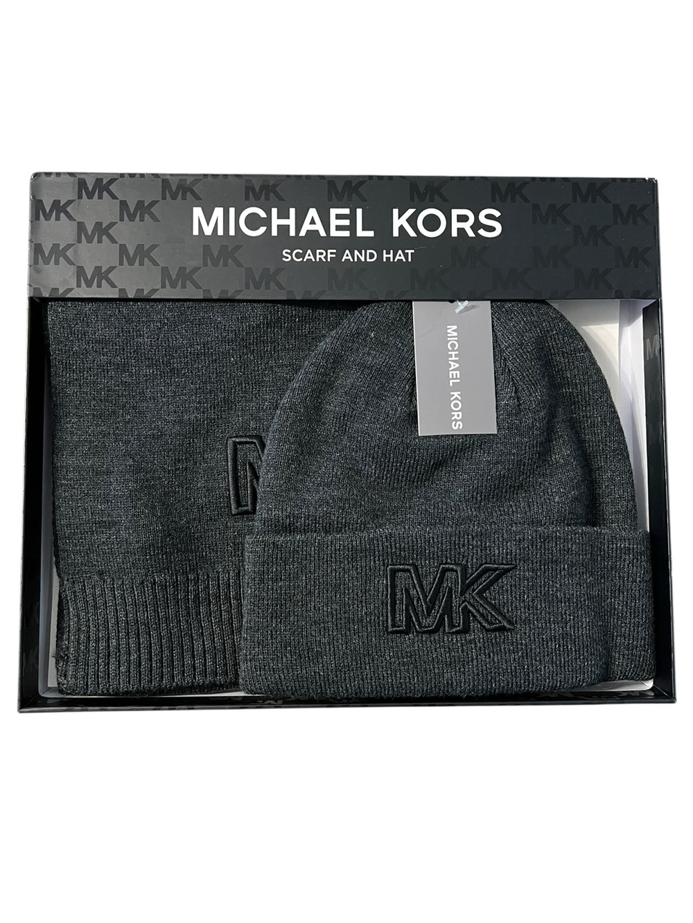 Michael Kors Dark Gray MK Knit Beanie & Scarf Gift Set
